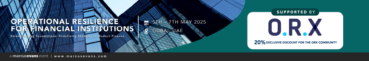 Text saying Operational Resilience for Financial Institutions 5-7 May 2025, Dubai on green background with ORX logo and text saying 20% exclusive discount for the ORX community