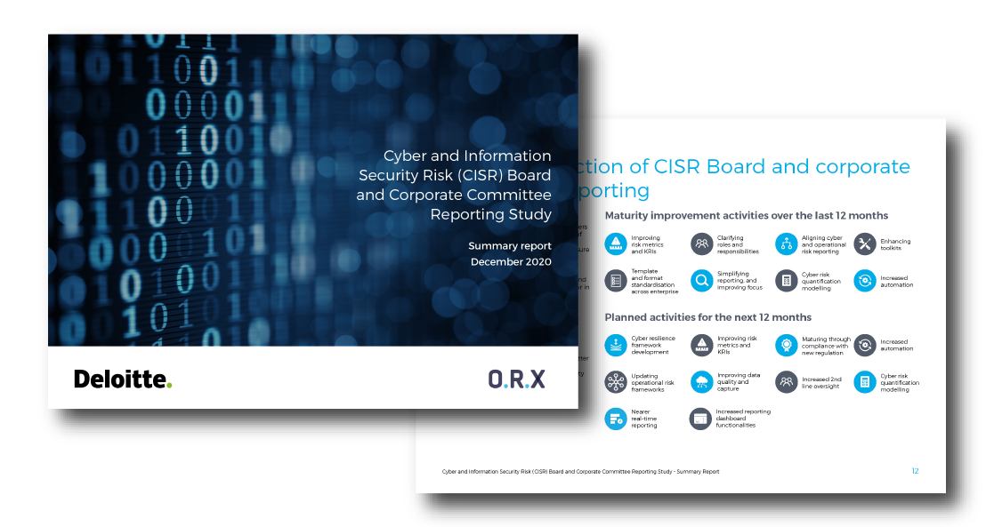 Images of pages from ORX and Deloitte report on cyber board reporting