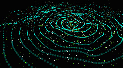 Green dynamic wave of particles on black background