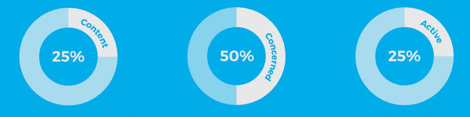 Graphic with pie charts - 25% are content, 50% concerned and 25% active