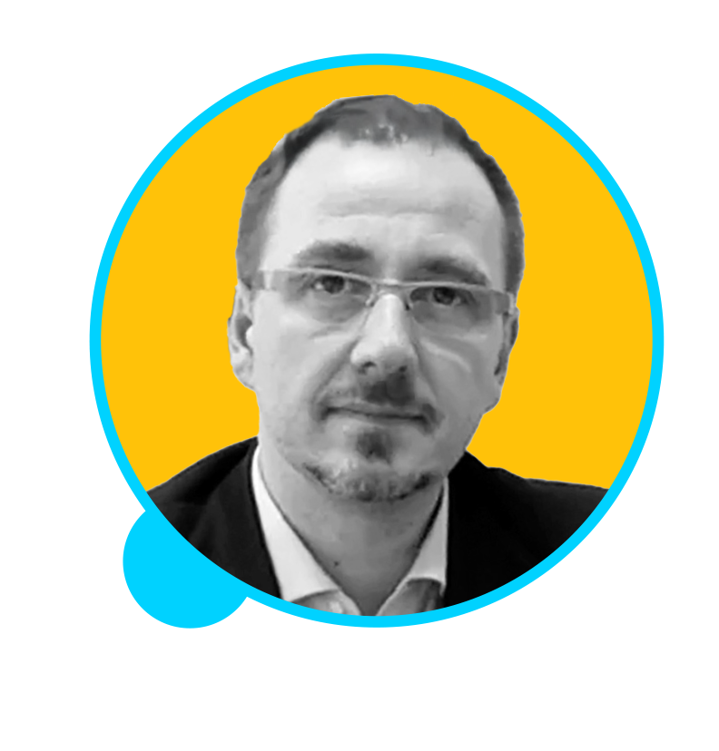 Headshot of Giulio Mignola on yellow background
