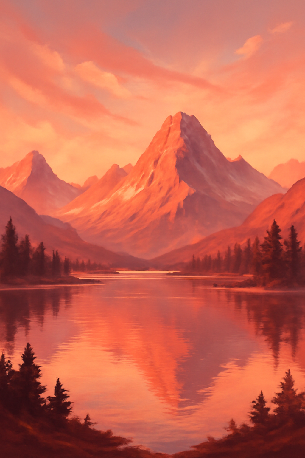 digitalart Mountains and lake with gentle red hue Positive and inspiring-1