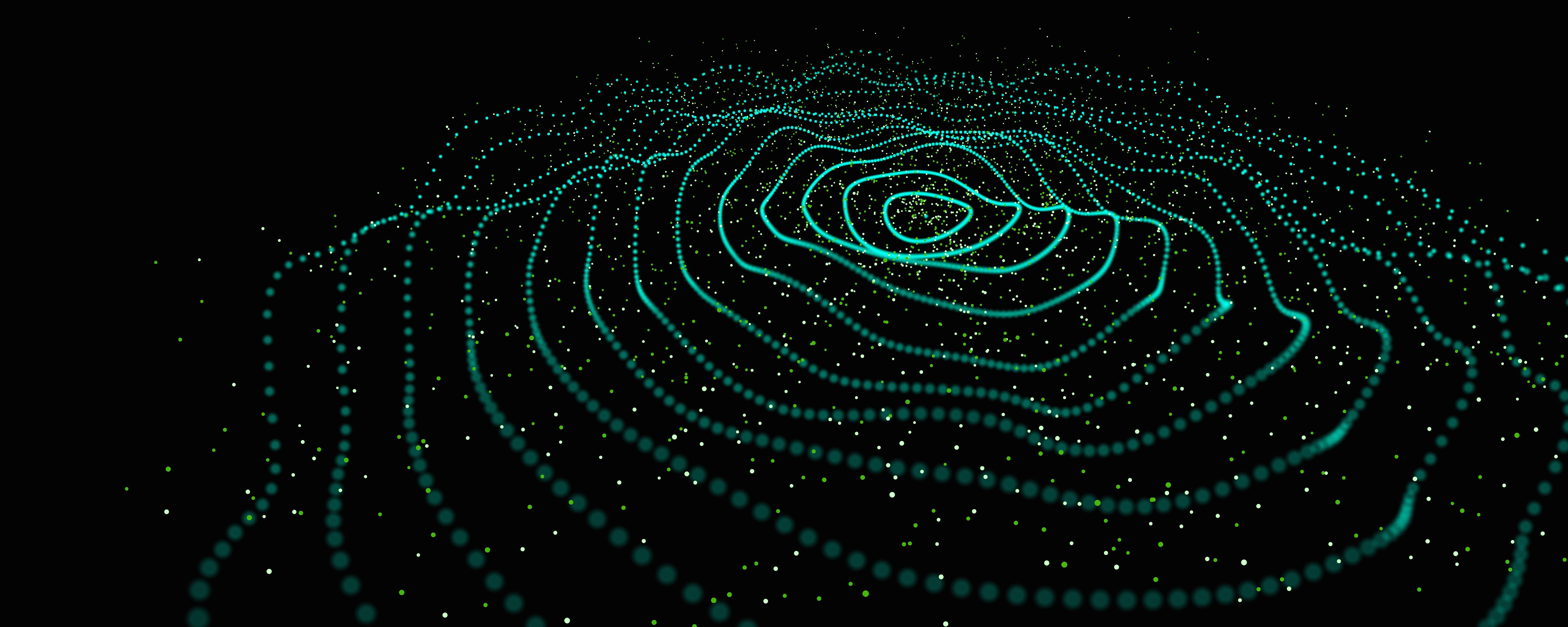Green dynamic wave of particles on black background