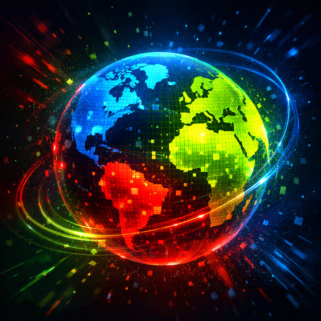 abstract digital planet earth in dark blue light blue lime red and green